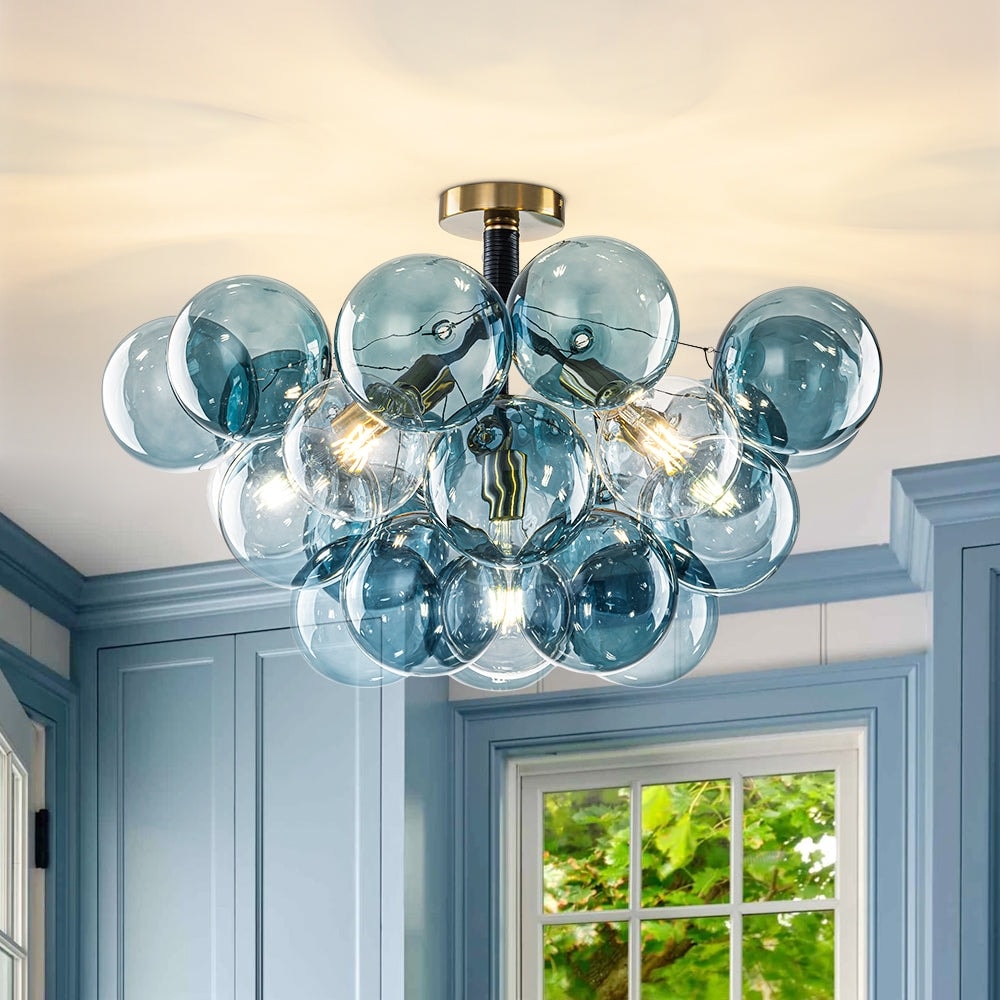Glam Art Deco Dimmable Cluster Blue Glass Globe Bubble Ceiling Light