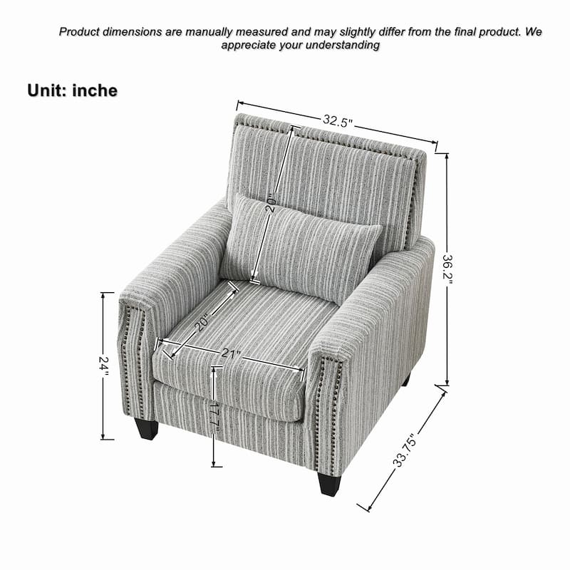 Modern Accent Chair with Arms,Comfy Upholstered Armchair for Living Room,Grey and White Striped Armchair with Nailhead Trim