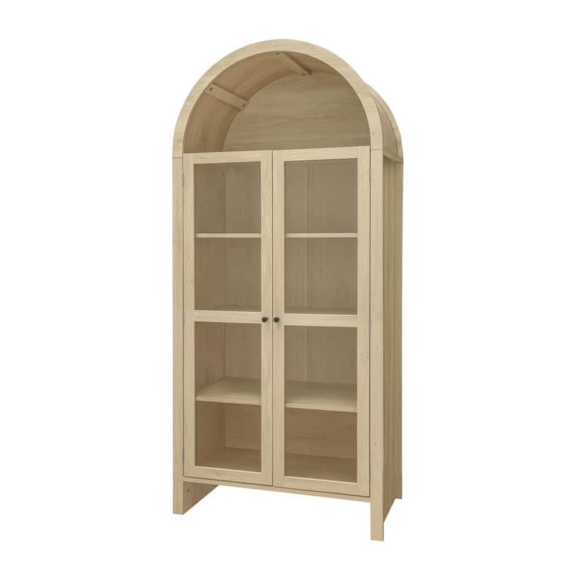 Roomfitters 70.28" Tall Arched Kitchen Pantry Cabinet, Modern Farmhouse Storage Cabinet with Glass Doors, Natural