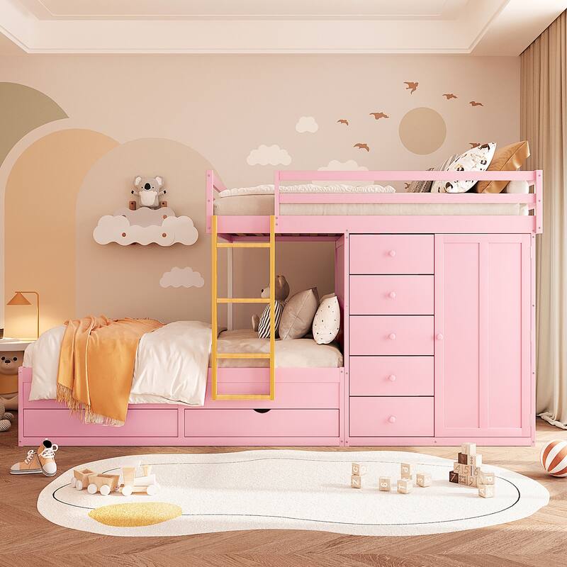 Full Size Bunk Bed with 2 Large Drawers & 5 Small Drawers, MDF & Solid Wood Construction - Pink