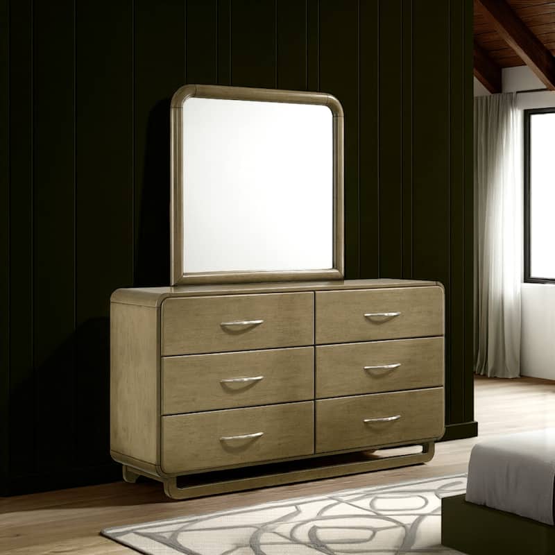 Deon Wide Dresser, 6 Drawers w Nickel Handles, Sled Legs, Nutmeg Brown
