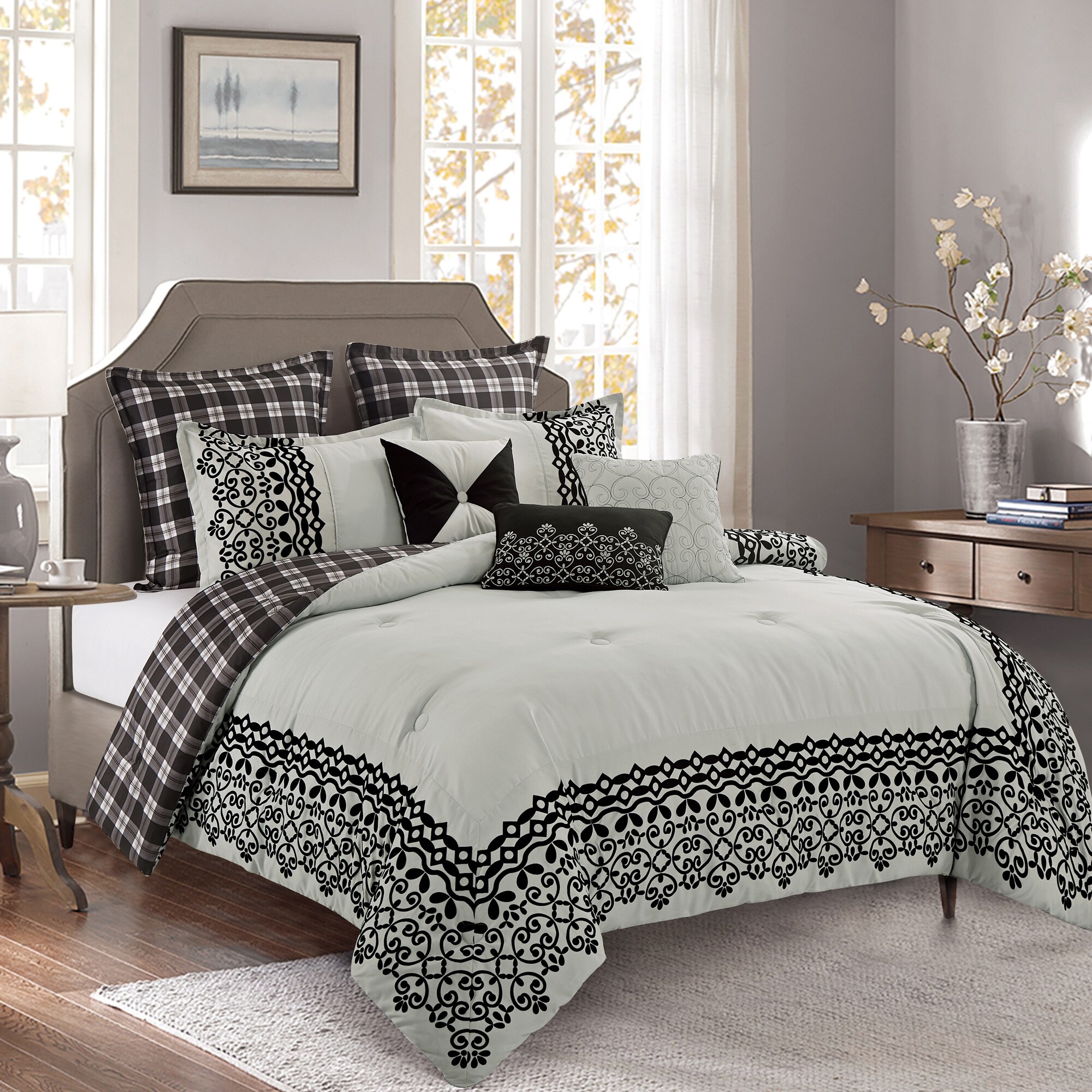 Shatex 7 Piece King Luxury Microfiber Dark Gray Oversized Bedroom Comforter Sets