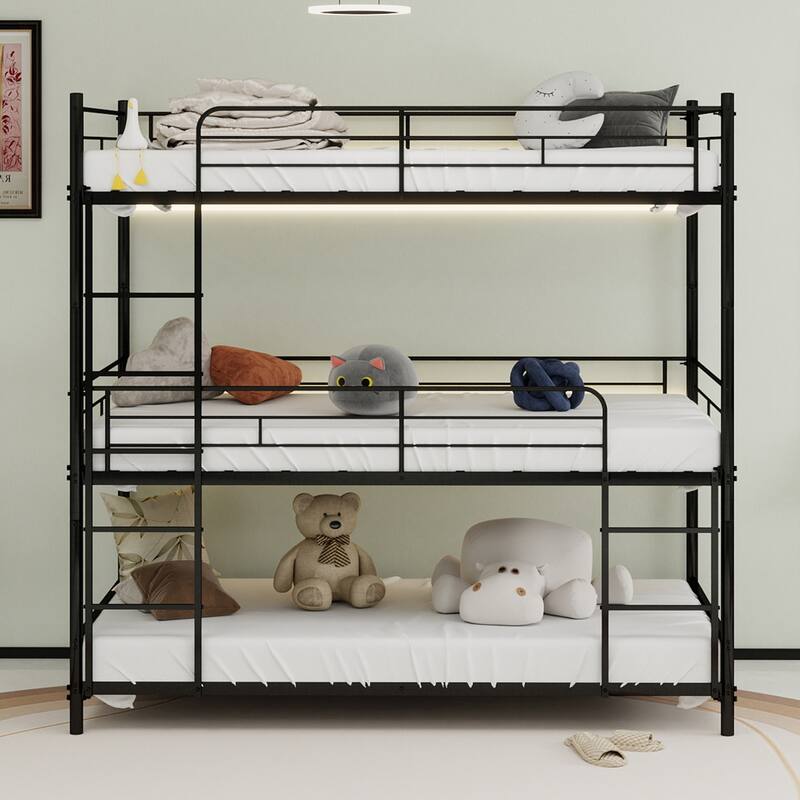 Heavy-duty triple frame bed with built-in ladder and full-length railing