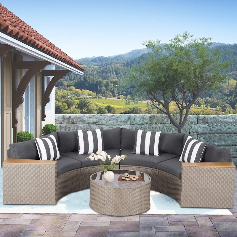 Outdoor Patio Furniture 5-piece Rattan Wicker Half-Moon Half Round Curved Sofa Sectional Set - Grey