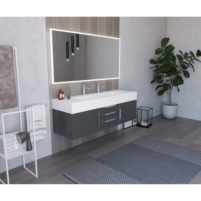 Nile 60" Wall Mounted Bathroom Vanity Set w/ White Top