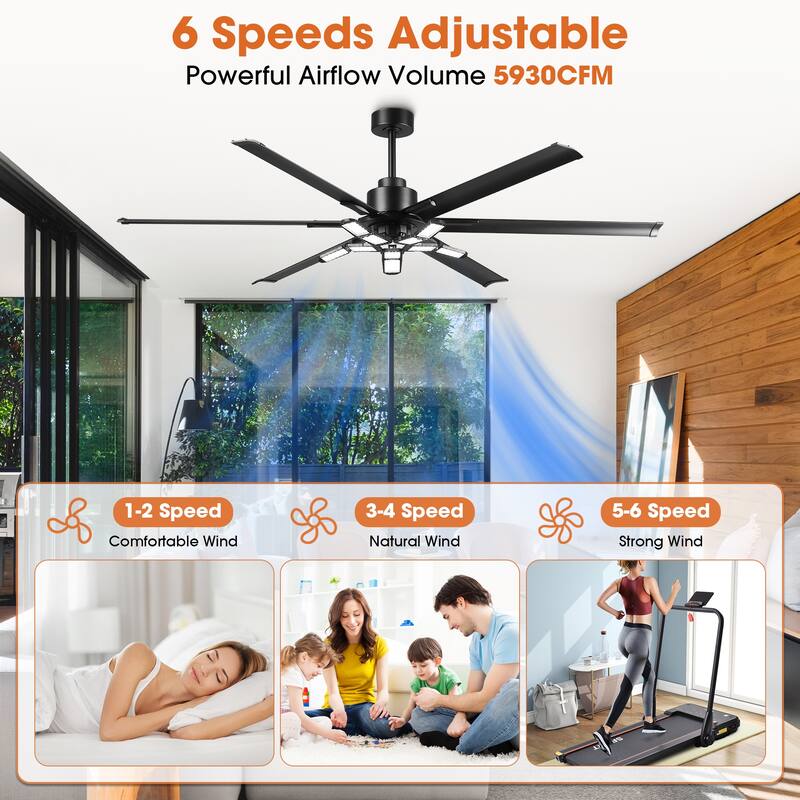 72" Industrial Matte Black Garage Large Ceiling Fan with Foldable LED Light and Remote