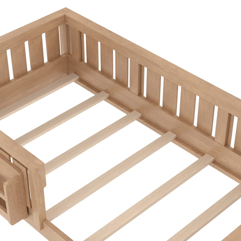 Low Profile Montessori Bed Floor Platform Bed with Fence and Bookshelf