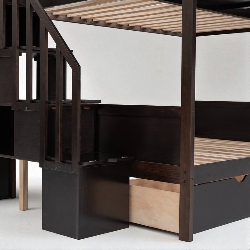 Twin Over Full Bunk Bed with Storage Staircase, Shelves and 2 Drawers, Solid Wood Frame for Kids