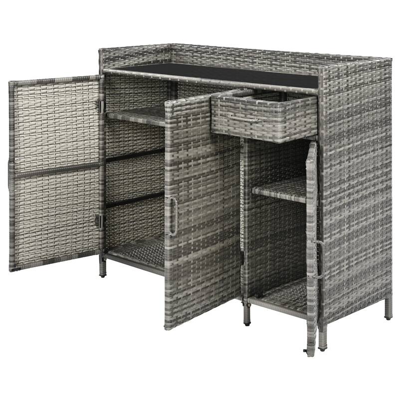 47.5"W Wicker Outdoor Storage Cabinet with Glass Desktop, Weather-proof Rattan Bar Table with Three Doors, Adjustable Shelf