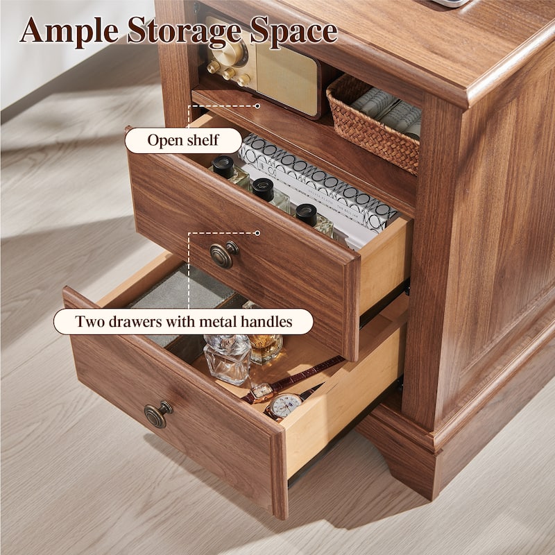 Vintage Wood Nightstand with Charging Station, End Table, Side Table