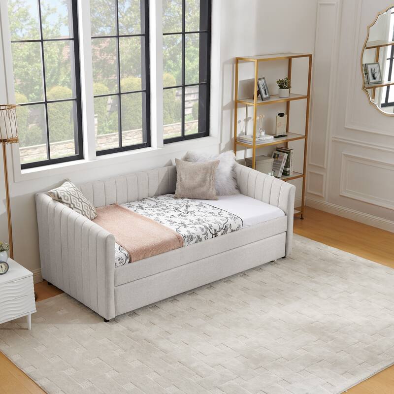 Upholstered Daybed, Linen Fabric Sofa Bed Frame with Trundle Bed