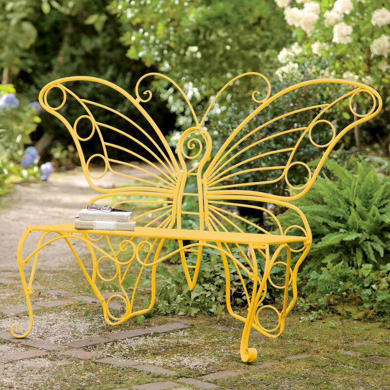 Indoor/Outdoor Metal Butterfly Garden Bench in Yellow