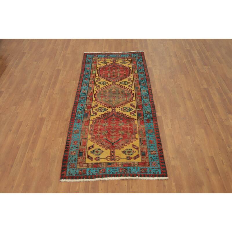 Hand Knotted Oriental 100% Wool Carpet Traditional Geometric Yellow & Gold Ardebil Runner Rug - 7' 1'' X 3' 2''