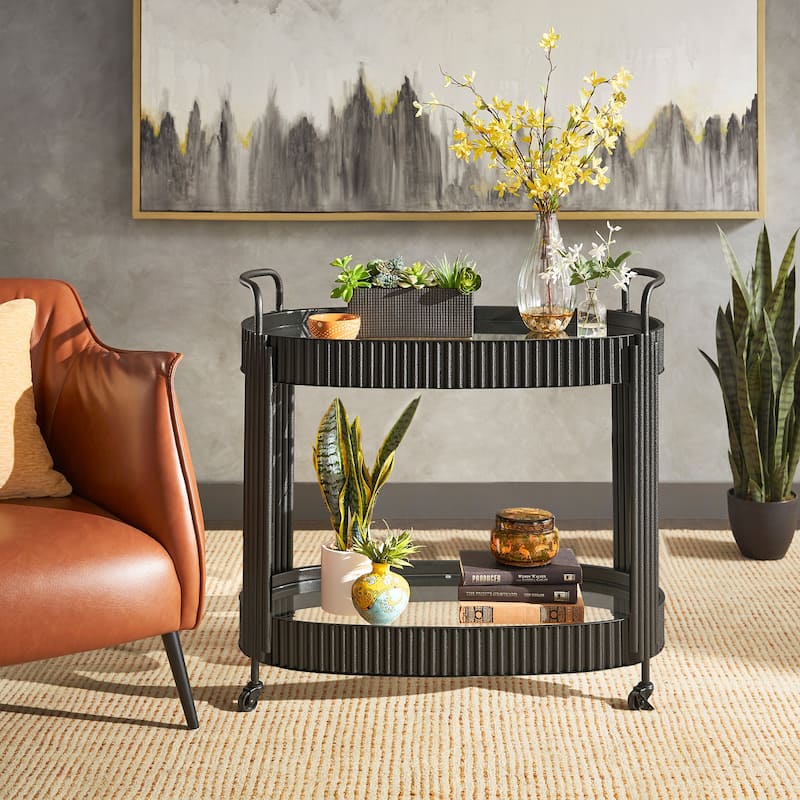 Anaconda Black Finish Metal Oval Bar Cart with Clear Tempered Glass by iNSPIRE Q Modern