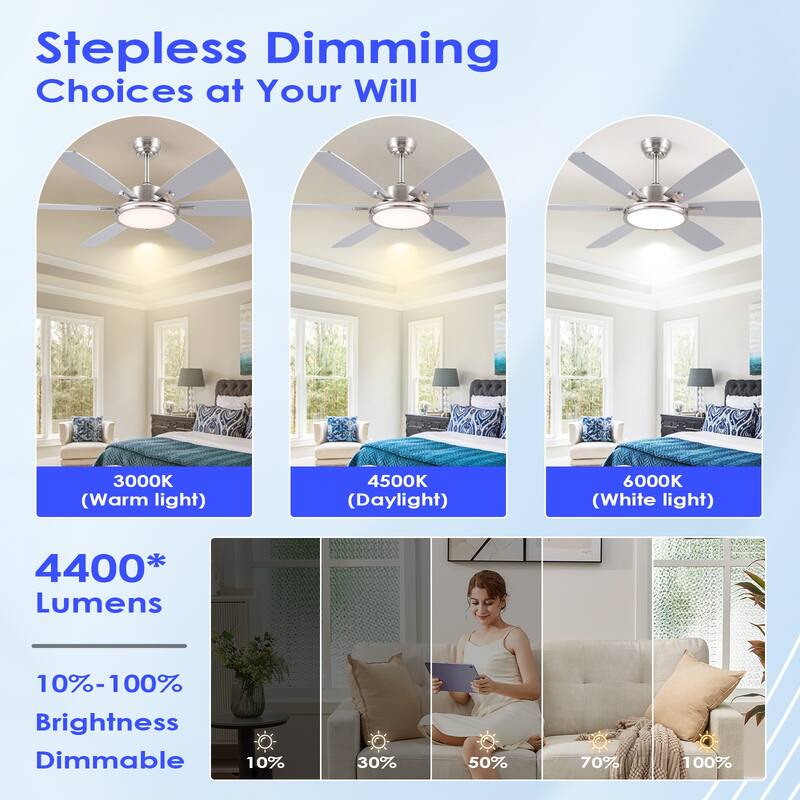 52" Modern Quiet Ceiling Fan with Light and Remote 6 Speed Airflow Bright Light for Bedroom Living Room Patio - 52 Inches