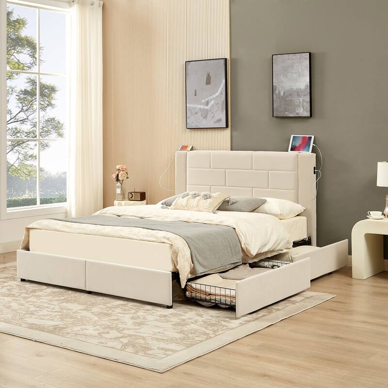 VECELO Upholstered Storage Bed Frame with 2 Side USB Ports and 4 Big Space Drawers, Velvet Headboard and Charging Station-Ports