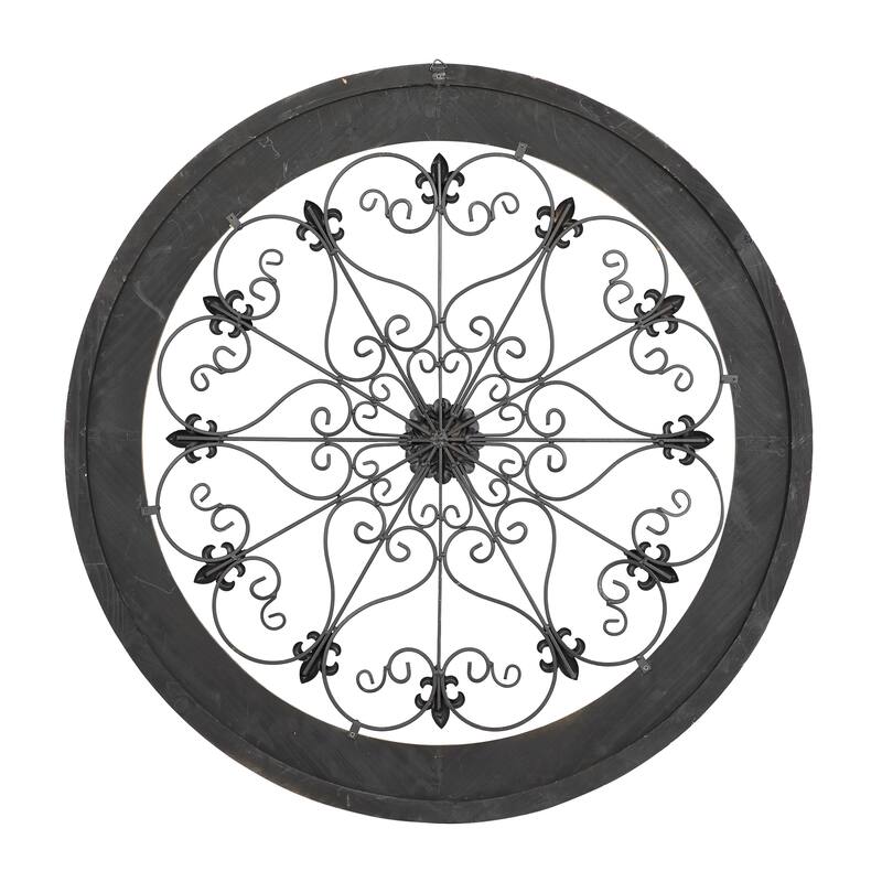 Brown Wood Medallion Scroll Home Wall Decor with Metal Fleur-De-Lis Detail