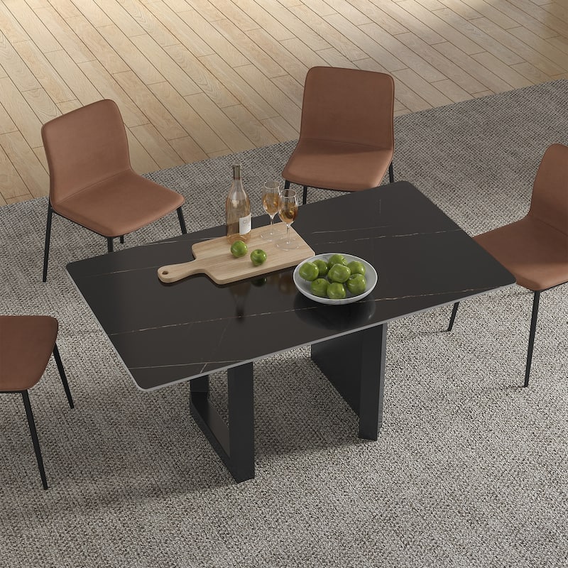 Modern Rectangle Stone Tabletop Black Titanium Stainless Double Pedestal Dining Table