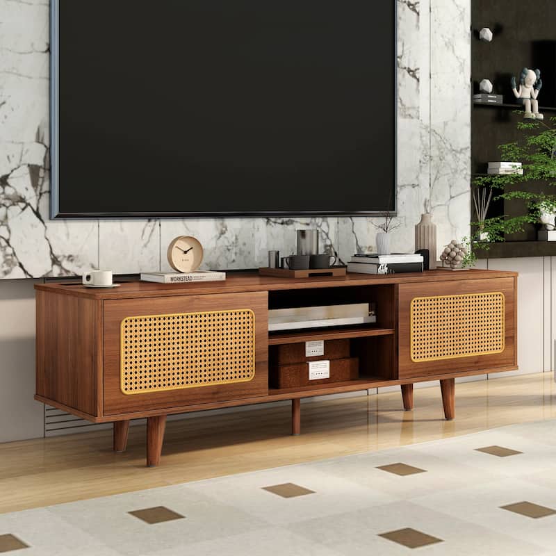 Rattan TV Stand for 55/60/65 inch TV,Entertainment Cabinet,Media Console,Solid Wood Feet & Rattan Cabinet Doors(Walnut, 59") - Black Brown