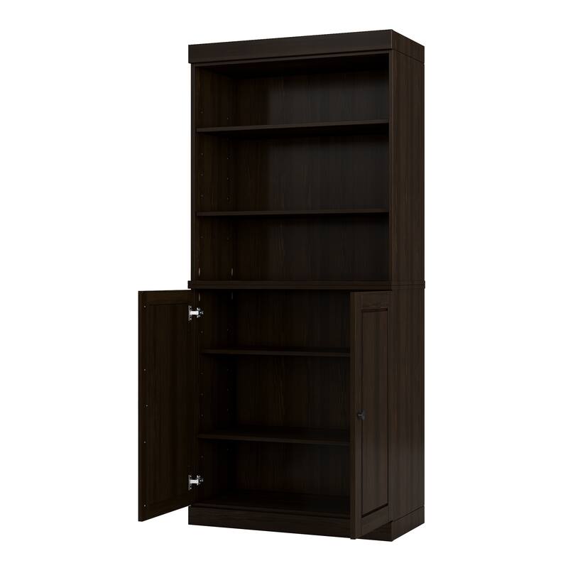Solid Wood Tall Bookcase with Doors, Adjustable Shelves, Modular Storage, Open Display Bookshelf, 32" W x 71.5" H - Espresso
