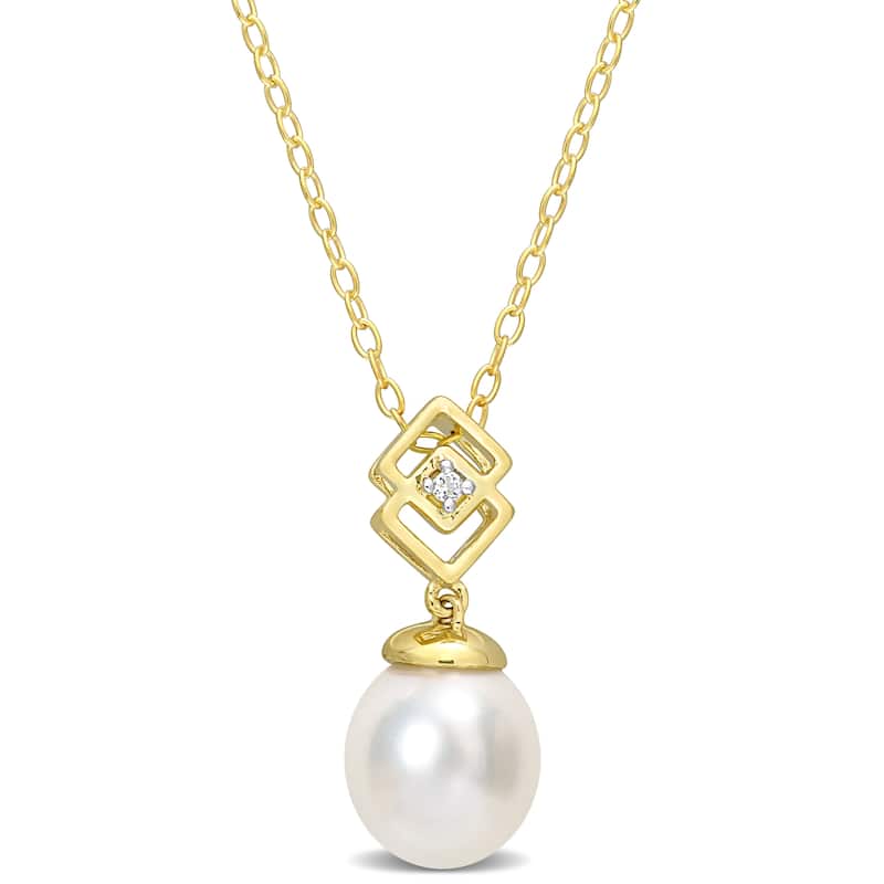 Miadora White Topaz and 8-9mm White South Sea Cultured Pearl Fashion Pendant with Chain Yellow Silver
