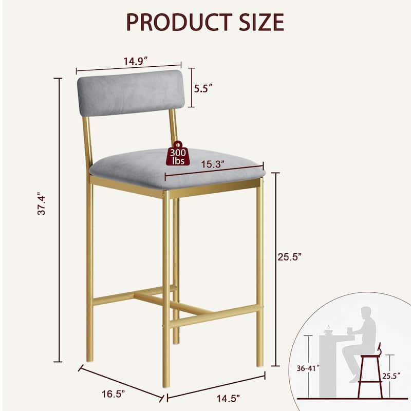 Set of 2 Upholstered Bar Chairs Counter Height Barstools for Kitchen Island - 14.5" L x 16.5" W x 37.4" H
