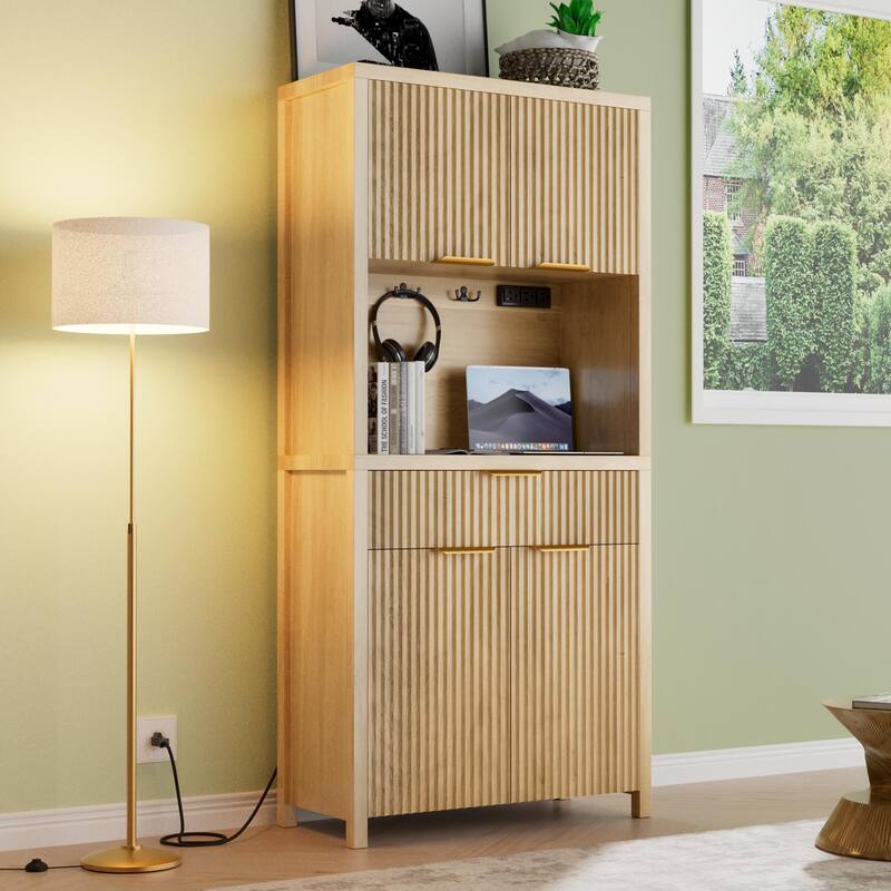 71"Pantry Storage Cabinet with Drawer, Charging Station and Open Countertop for Dining Living Room