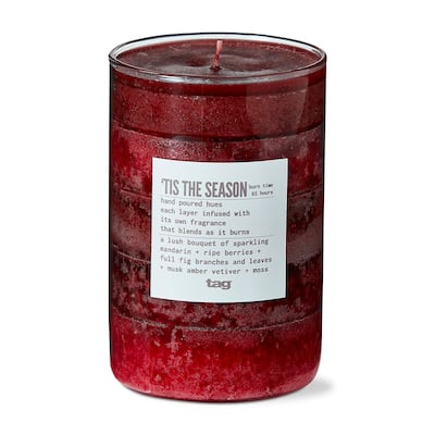 Tis The Season Themed Scented Paraffin Wax Pillar Candle Medium, Red, 3x4.7 inch, Burn Time 85 Hours
