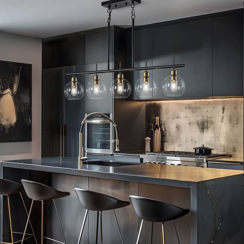 Starsky 5-Light Modern Kitchen Island Linear Pendant Light with Clear Globe Glass Shades