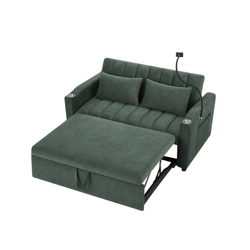 Roomfitters 55 Inch Convertible Sofa Bed Loveseat with 3 USB Ports, 360 Swivel Phone Holder, Green