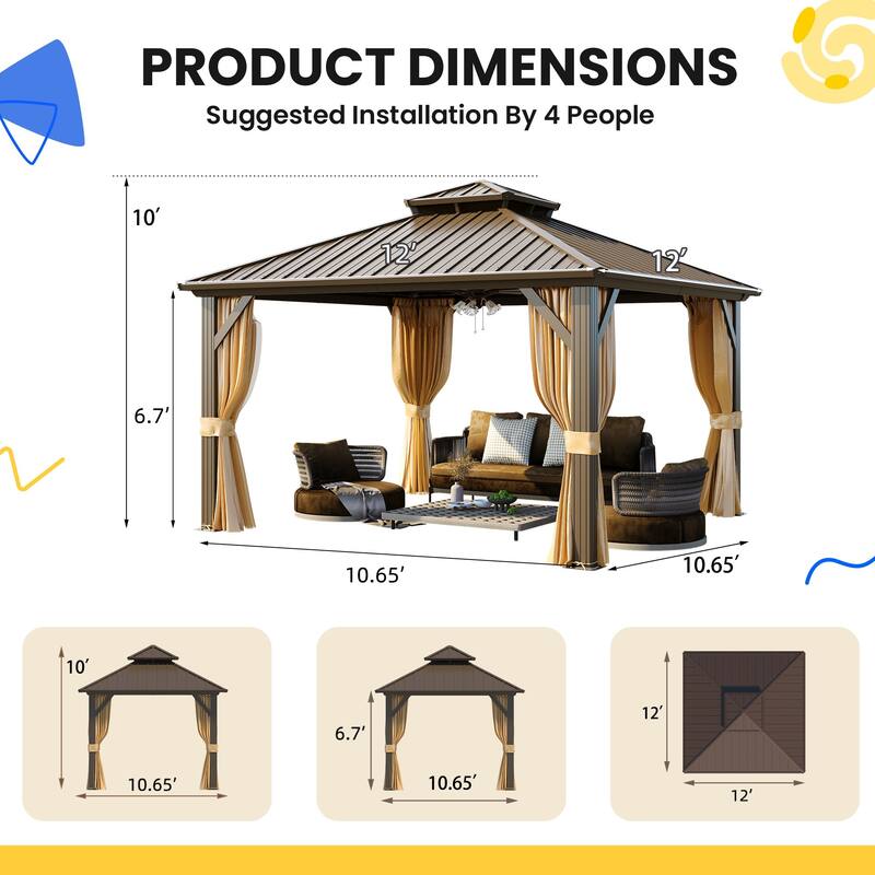 Outdoor Gazebo with Dual Galvanized Steel Roof, Aluminum Framework, Privacy Curtains, and Mosquito Netting