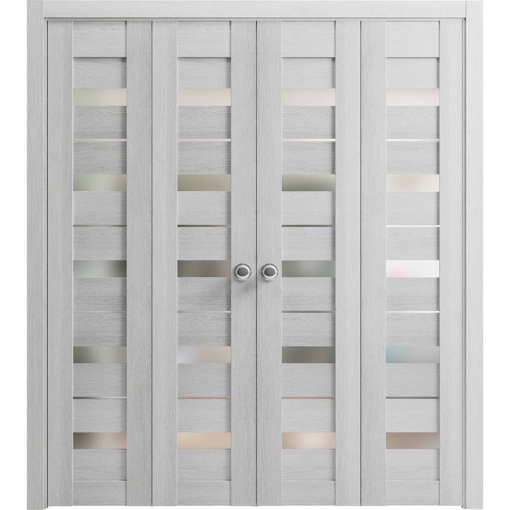 SartoDoors Quadro 4445 | Closet Door Bi-fold Door | Solid Wood w/ Glass | Hardware Set | 72x80, Light Grey Oak Bedroom Door