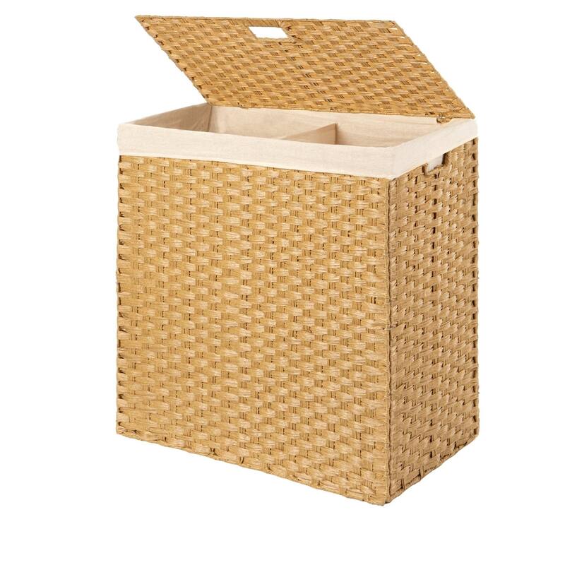 Natural Wicker Folding Laundry Hamper with 2 Bins and Linen Liner - 22 inches L x 12 inches W x 24 inches H