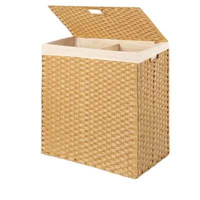 Natural Wicker Folding Laundry Hamper with 2 Bins and Linen Liner - 22 inches L x 12 inches W x 24 inches H