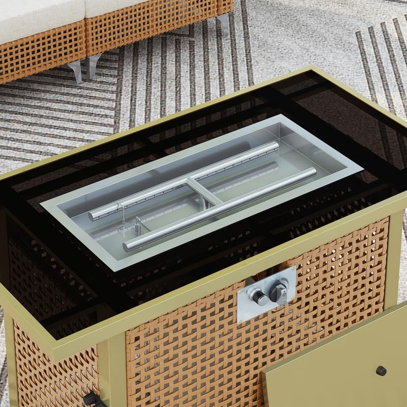 43" Propane Gas Fire Pit Table, 60000 BTU Rectangular Open Weave Wicker Fire Pit with Glass Wind Guard