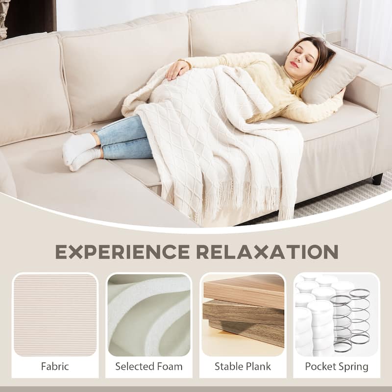 HOMCOM 95" Sectional Sofa with Reversible Chaise Lounge, L-Shaped Corner Sofa with Corduroy Fabric, Pocket Spring, 2 Pillows