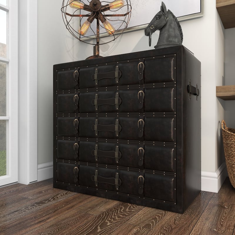 Black Wooden Vintage Faux Leather Room Chest with Buckles and Straps Detailing