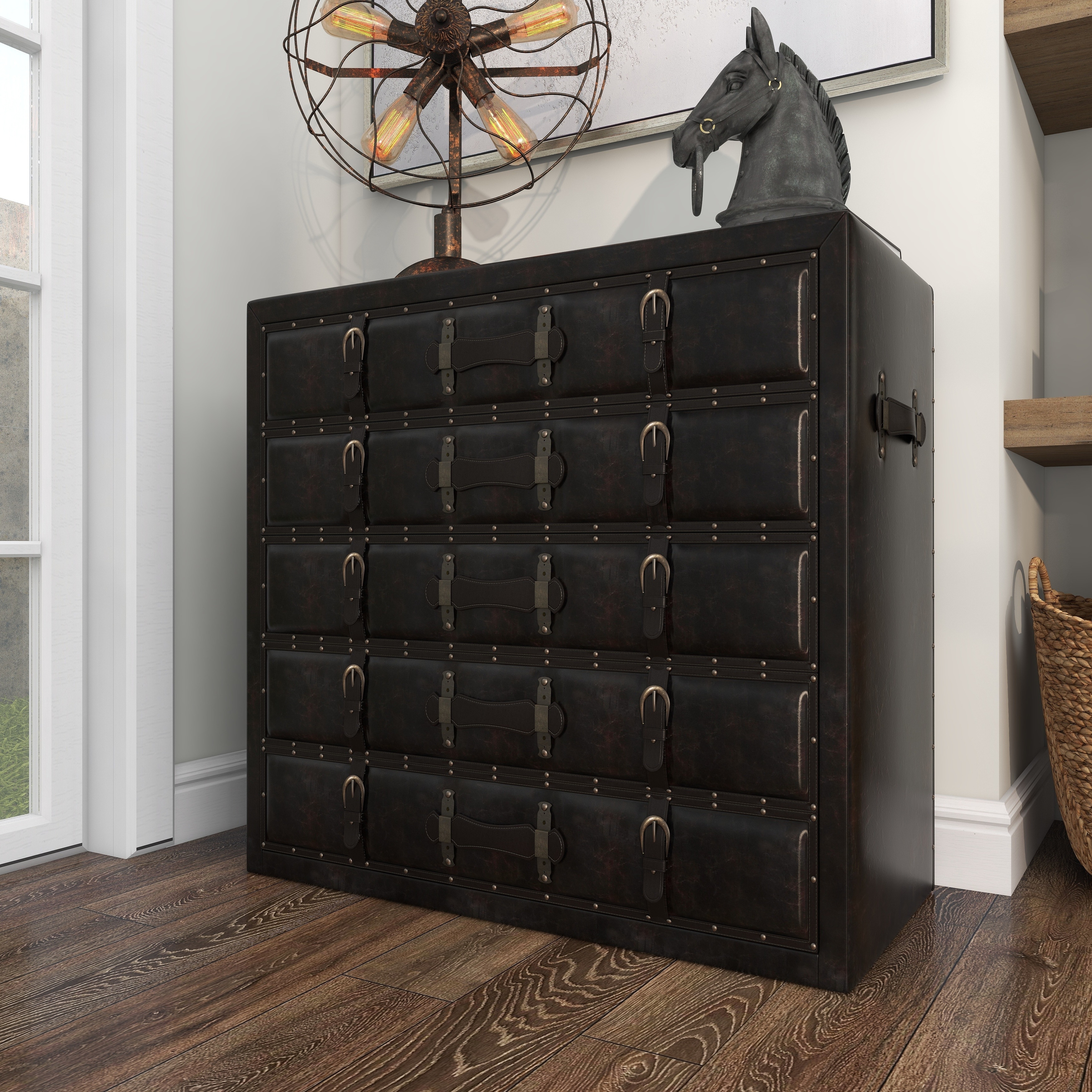 dresser with leather straps Faux Vintage Trunk Chest Gold Studs and Buckle Detailing - Black mens boots