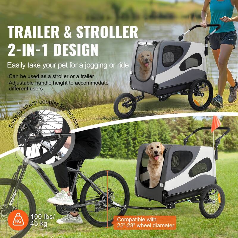 Dog Bike Trailer, Supports up to 100 lbs, 2-in-1 Pet Stroller Cart Bicycle Carrier, Easy Folding Cart Frame with Quick Release