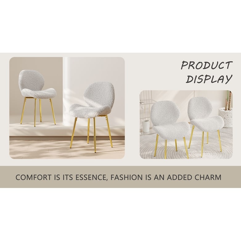 Modern minimalist white teddy velvet Dining Chairs Set of 2 with sturdy gold metal legs and comfortable backrest design,