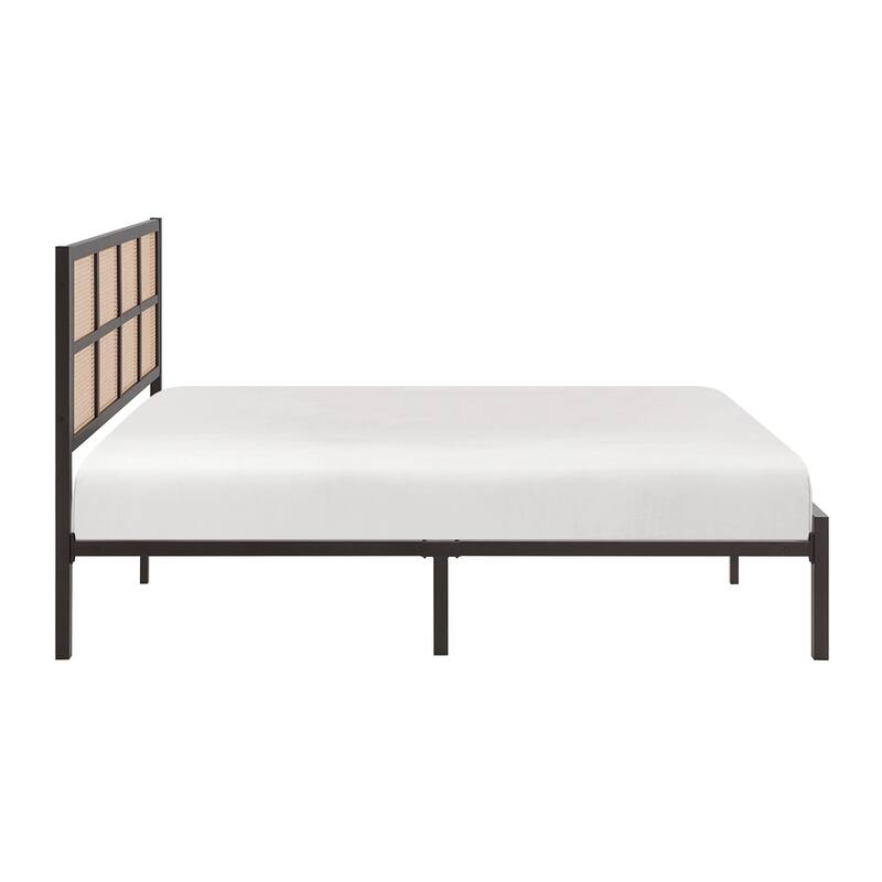 Queen Platform Bed with Faux Cane Headboard, Dark Bronze Metal Frame, No Box Spring Needed