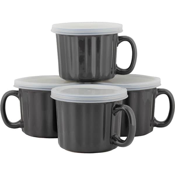 10 Strawberry Street 16oz Set of 4 Soup Mug with Lid, Charcoal Gray