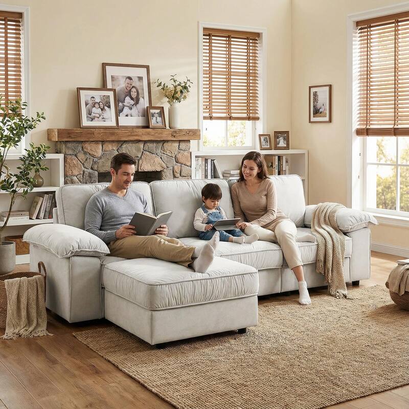 Upholstered L-Shaped Sectional Sofa Couch with Ottoman, Modern Fabric Deep Seat Sofa