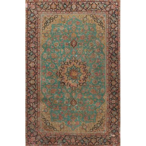 Floral Distressed Mashad Persian Area Rug Hand-knotted Wool Carpet - 7'10" x 11'3"