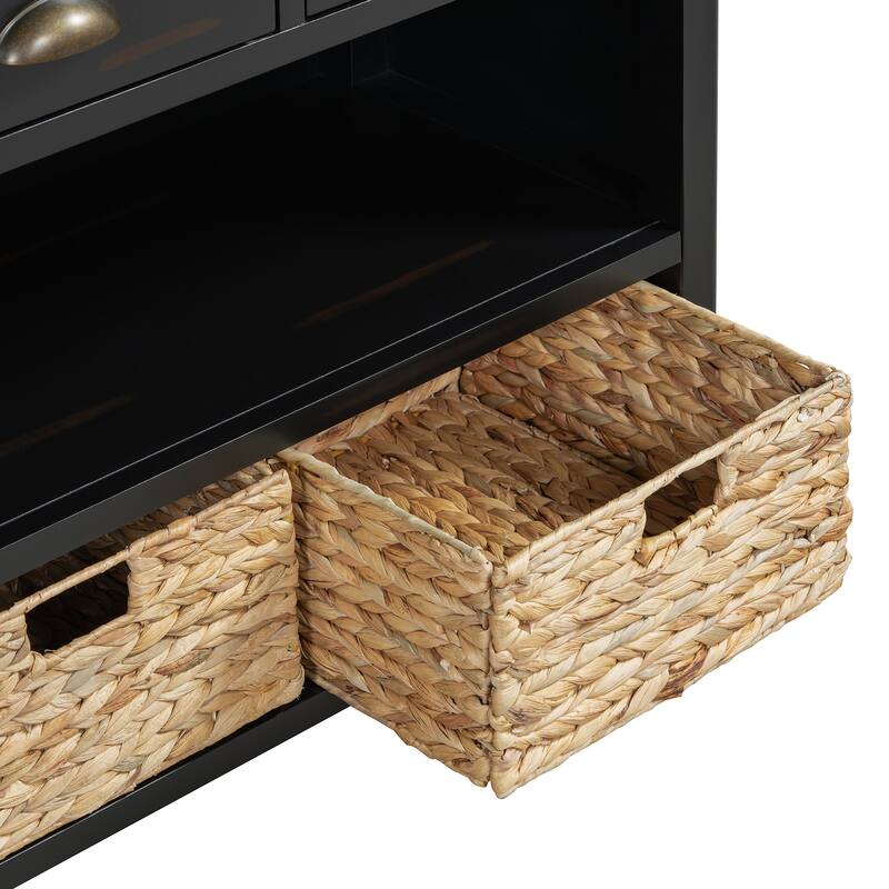 Console Table with 3 Storage Drawers, Entryway Table with 3 Water Hyacinth Woven Baskets, Sofa Table with Wooden Top