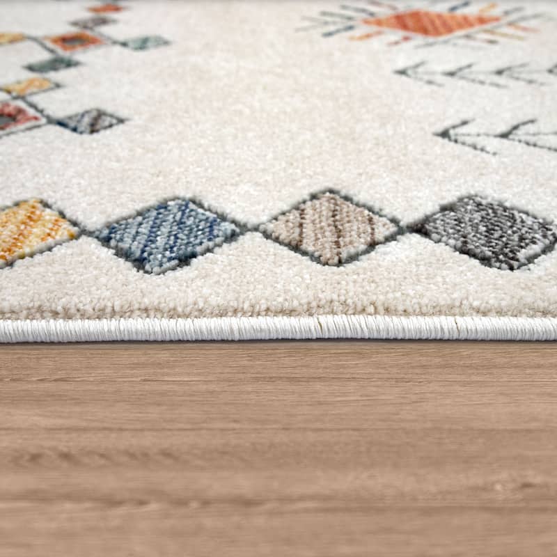 Ethnic Design Rug in Cream with Traditional colorful Patterns
