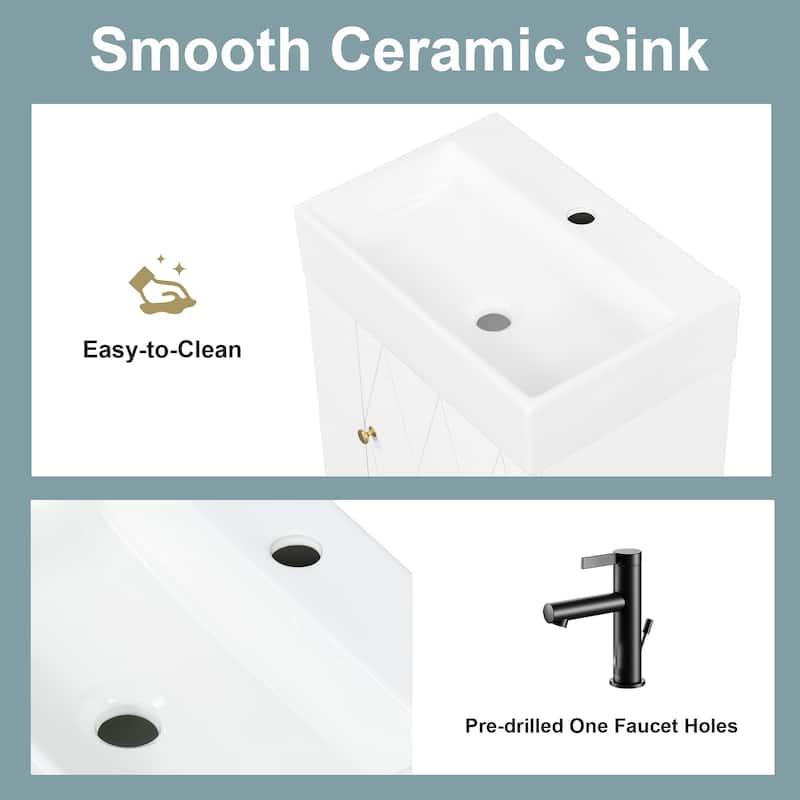 20" Wall Mounted Bathroom Vanity with Ceramic Sink, Diamond Door Design, Side Shelves and Towel Bar