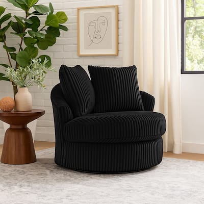 Amwe Swivel Accent Chair, Black Corduroy, 45 Inch, Curved Design