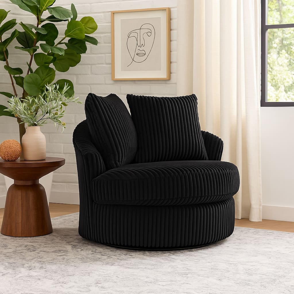 Amwe Swivel Accent Chair, Black Corduroy, 45 Inch, Curved Design