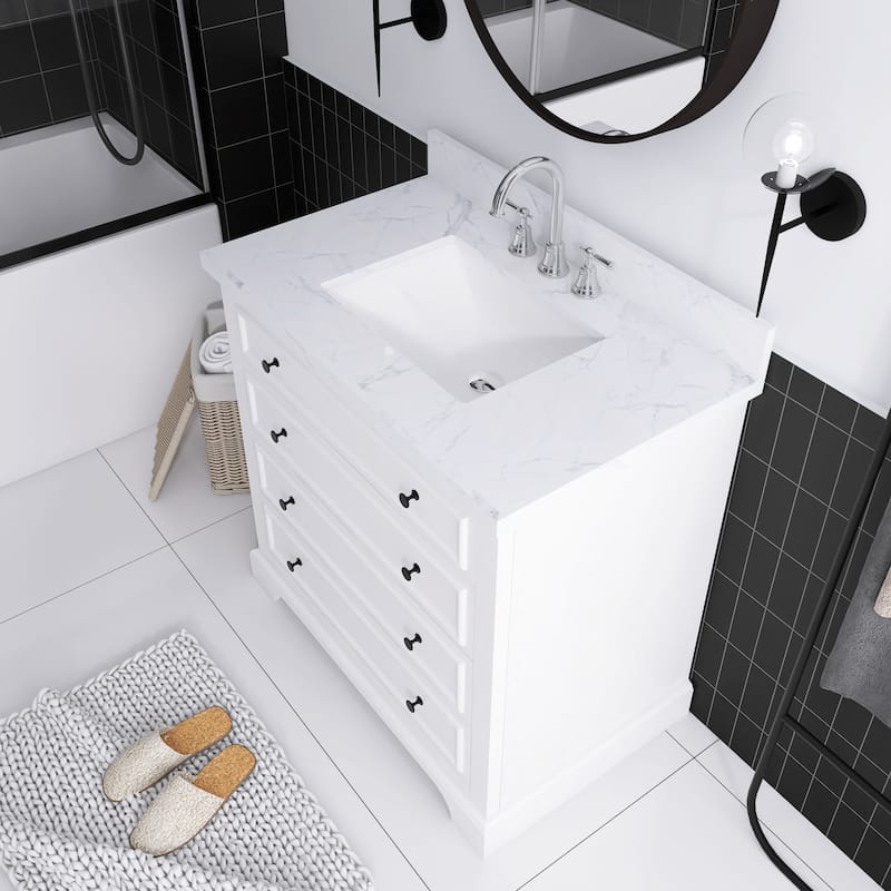 36 Inches Solid Wood Frame Freestanding Bathroom Vanity Set with Engineered Marble Top